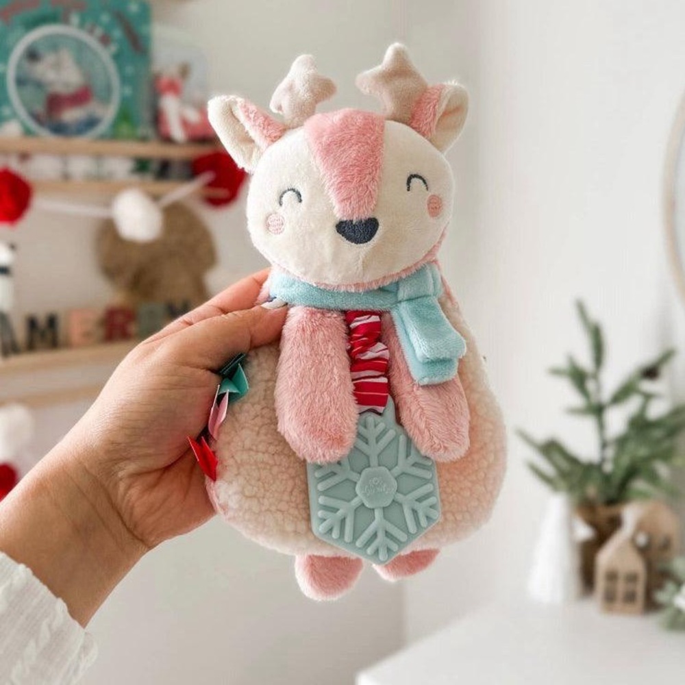 Holiday Pink Reindeer Itzy Lovey Plush + Teether Toy